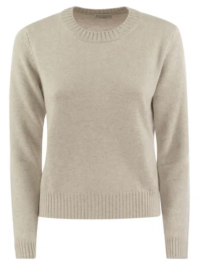 Brunello Cucinelli Crew-neck Cashmere Sweater In Cream