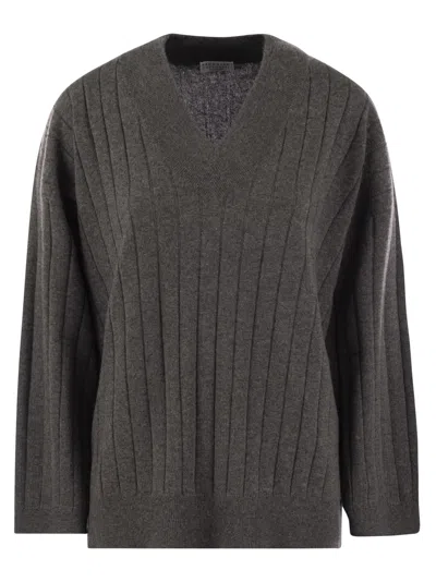 Brunello Cucinelli Cashmere Sweater With V-neck And Necklace In Multicolor