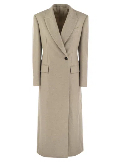 Brunello Cucinelli Lightweight Wool Cloth Coat With Jewellery In Cream