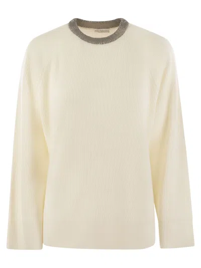 Brunello Cucinelli Ribbed Cashmere Sweater With Necklace In White