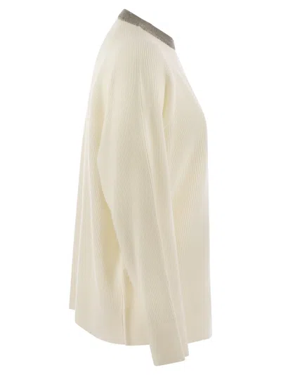 Brunello Cucinelli Ribbed Cashmere Sweater With Necklace In White