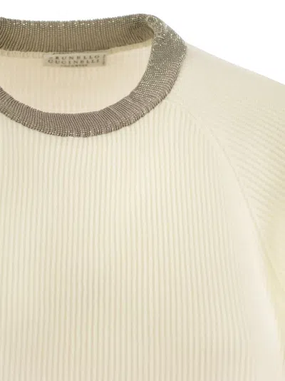 Brunello Cucinelli Ribbed Cashmere Sweater With Necklace In White