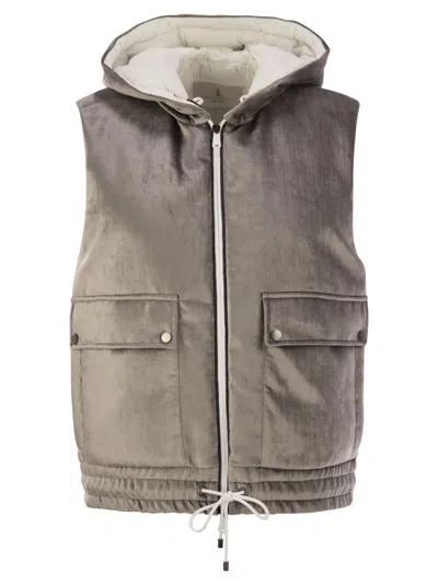 Brunello Cucinelli Chenille Vest With Drawstring Hem And Hood In Silver