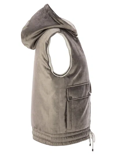 Brunello Cucinelli Chenille Vest With Drawstring Hem And Hood In Silver