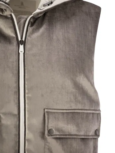 Brunello Cucinelli Chenille Vest With Drawstring Hem And Hood In Silver