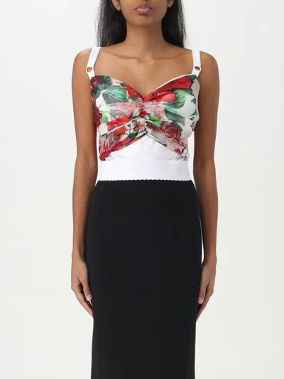 Dolce & Gabbana Bustier Top In Marquisette And Chiffon With Rose Print In White