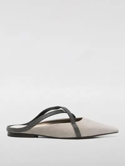 Brunello Cucinelli Square Pointed Ballet Flat With Cross Strap In Ice