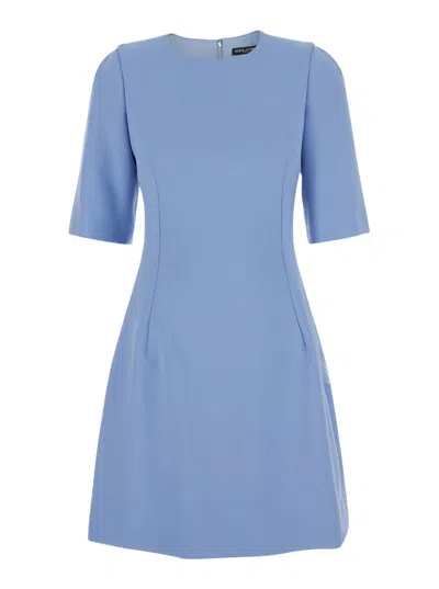 Dolce & Gabbana Light Blue Midi Fit And Flare Dress In Wool In Blue