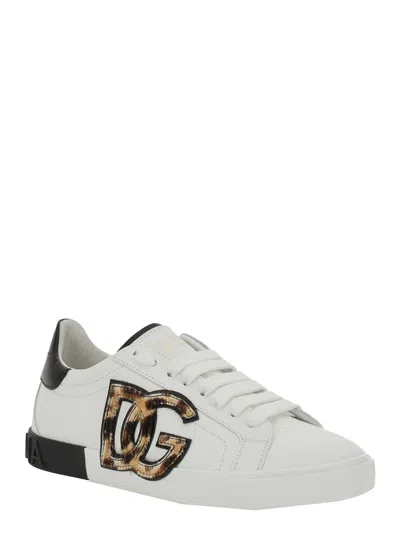 Dolce & Gabbana Women White Low Top Sneaker With Animal-motif Logo In Leather Woman In Multi