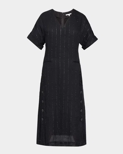 Santorelli Serafinashort Sleeve Midi Shift Dress With Side Skirt Buttons In Metallic Striped Linen In Black