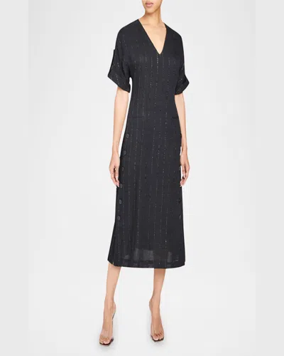 Santorelli Serafinashort Sleeve Midi Shift Dress With Side Skirt Buttons In Metallic Striped Linen In Black
