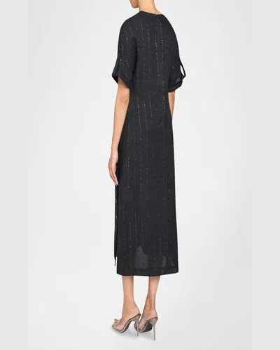 Santorelli Serafinashort Sleeve Midi Shift Dress With Side Skirt Buttons In Metallic Striped Linen In Black