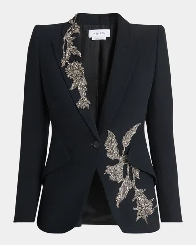 Alexander Mcqueen Embellished Padded-shoulders Blazer In Black