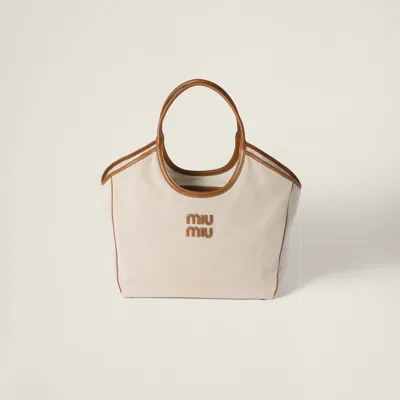 Miu Miu Large Canvas-leather Ivy Tote Bag In Beige/brandy