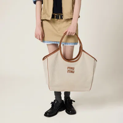 Miu Miu Large Canvas-leather Ivy Tote Bag In Beige/brandy