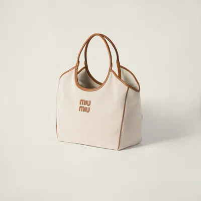 Miu Miu Large Canvas-leather Ivy Tote Bag In Beige/brandy