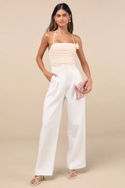 Lulus Elyas Cream Mesh Ruched Rosette Backless Bodysuit In White