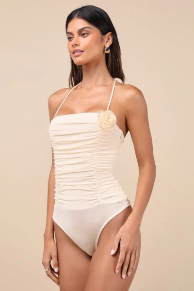 Lulus Elyas Cream Mesh Ruched Rosette Backless Bodysuit In White