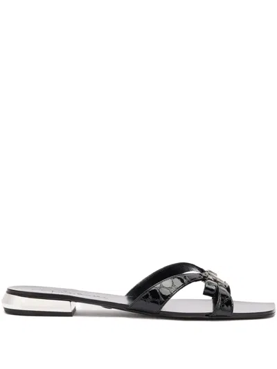 Roberto Cavalli Low Sandals With Mirror Snake Monogram In Black