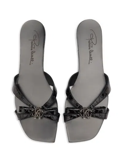 Roberto Cavalli Low Sandals With Mirror Snake Monogram In Black