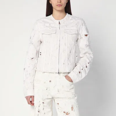 Haikure Distressed Denim Jacket With Flap Chest Pockets In Beige