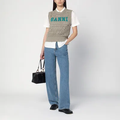 Ganni Perforated Vest With Logo Inlay In Grey