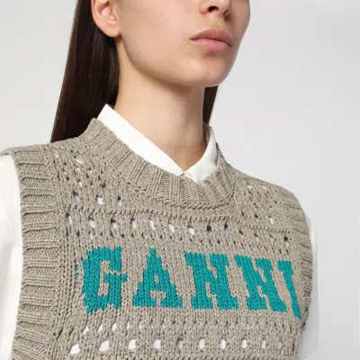 Ganni Perforated Vest With Logo Inlay In Grey