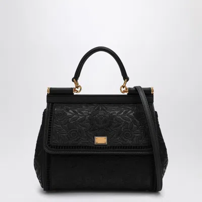 Dolce & Gabbana Black Embroidered Handbag Sicily Medium In Black