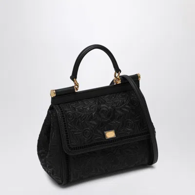 Dolce & Gabbana Black Embroidered Handbag Sicily Medium In Black