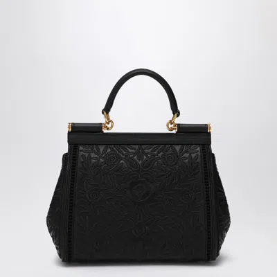 Dolce & Gabbana Black Embroidered Handbag Sicily Medium In Black