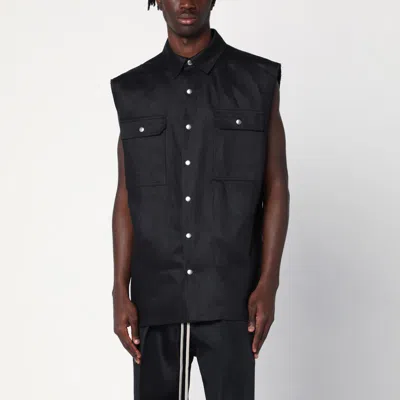 Rick Owens Black Linen Jumbo Sleeveless Outershirt With Pointed Collar In Black