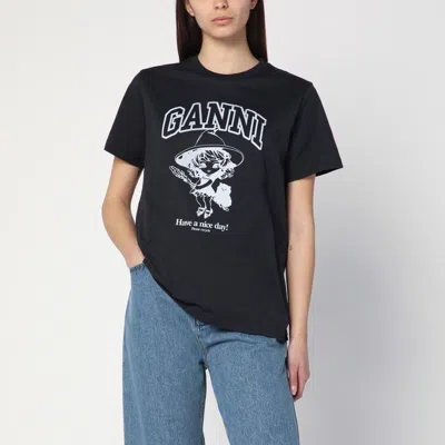 Ganni Black Crewneck T-shirt With Maxi Logo Lettering On The Front And Maxi Print On Front And Rear In Purple