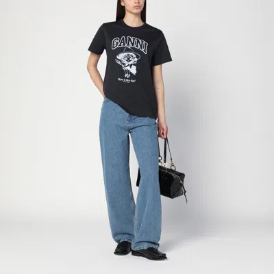Ganni Black Crewneck T-shirt With Maxi Logo Lettering On The Front And Maxi Print On Front And Rear In Purple