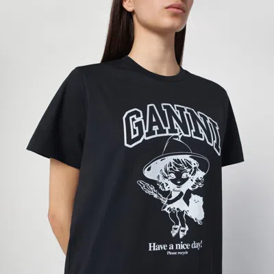 Ganni Black Crewneck T-shirt With Maxi Logo Lettering On The Front And Maxi Print On Front And Rear In Purple