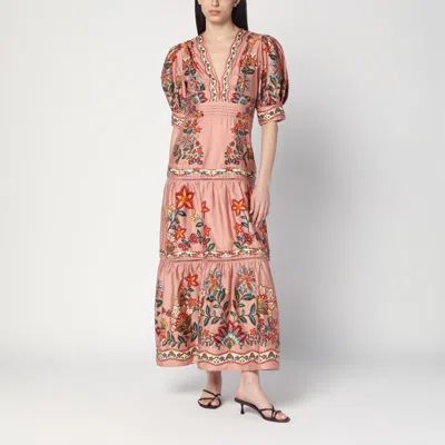 Farm Rio Multicolor Long Dress With V-neck And All-over Floral Print In Pink