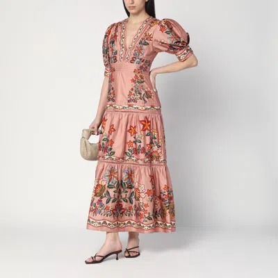 Farm Rio Multicolor Long Dress With V-neck And All-over Floral Print In Pink