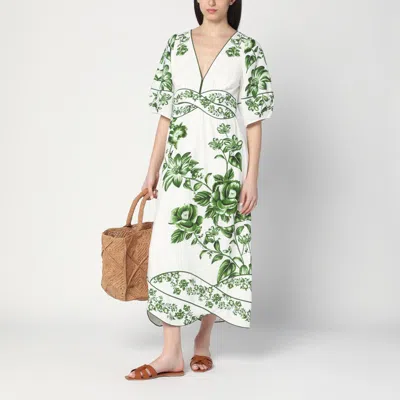 Farm Rio Off-white Green Floral Cascade Lenzing Ecovero Euroflax Midi Dress In Green Floral Cascade Off-white