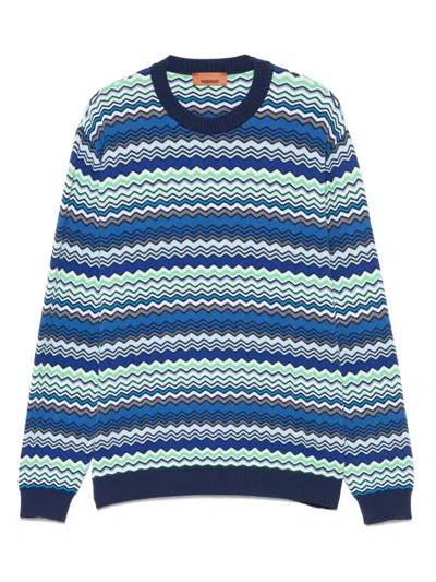 Missoni Handcrafted Zigzag Pattern Crewneck Sweater In Blue
