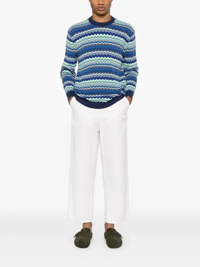 Missoni Handcrafted Zigzag Pattern Crewneck Sweater In Blue