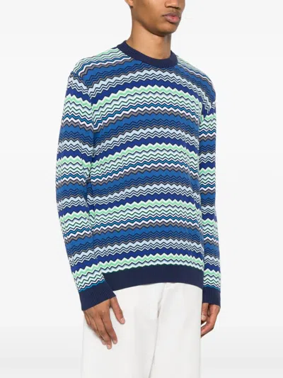 Missoni Handcrafted Zigzag Pattern Crewneck Sweater In Blue