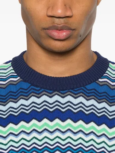 Missoni Handcrafted Zigzag Pattern Crewneck Sweater In Blue