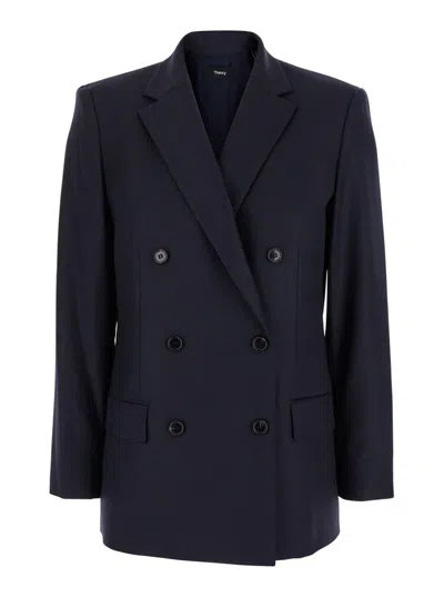 Theory Blue Double-breasted Jacket With Notched Revers In Viscose Woman In Blue