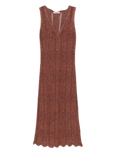 Twinset Brown Sleeveless Long Dress With V Neck And Logo Plaque On The Rear In Viscose Blend Woman In Brown