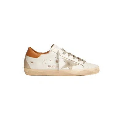Golden Goose Super-star Sneakers With Ice-gray Suede Star And Light Brown Heel Tab Shoes In White/ice/light Brown