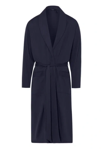 Hanro Night And Day Shawl Collar Cotton Robe 120cm In Deep Navy