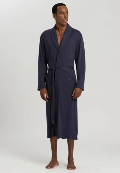 Hanro Night And Day Shawl Collar Cotton Robe 120cm In Deep Navy