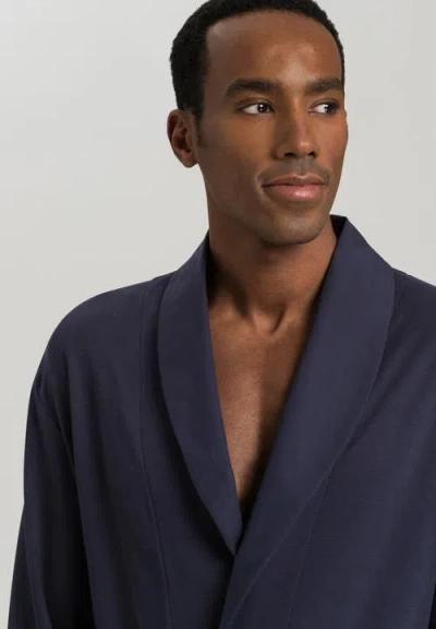Hanro Night And Day Shawl Collar Cotton Robe 120cm In Deep Navy