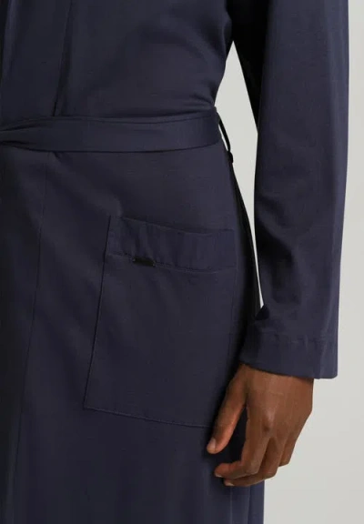 Hanro Night And Day Shawl Collar Cotton Robe 120cm In Deep Navy