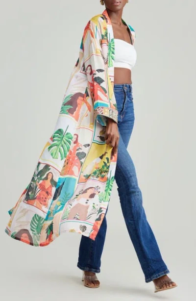 Holichic Mixed Graphic Print Open Front Satin Jacket In White