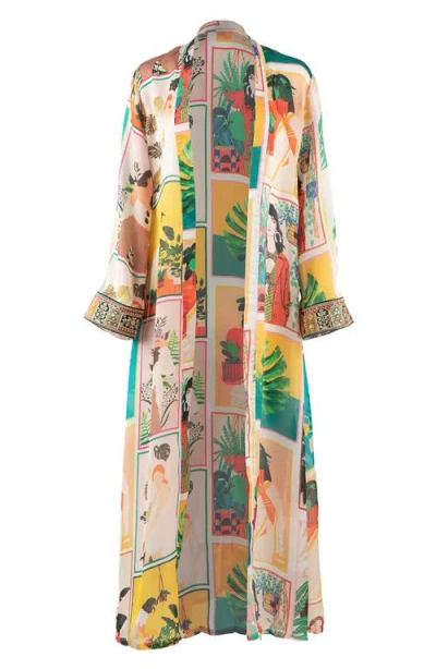 Holichic Mixed Graphic Print Open Front Satin Jacket In White